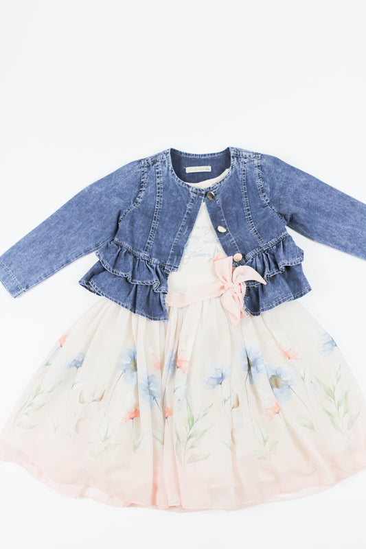 Komplektas su gėlėmis ir džinsiniu švarku